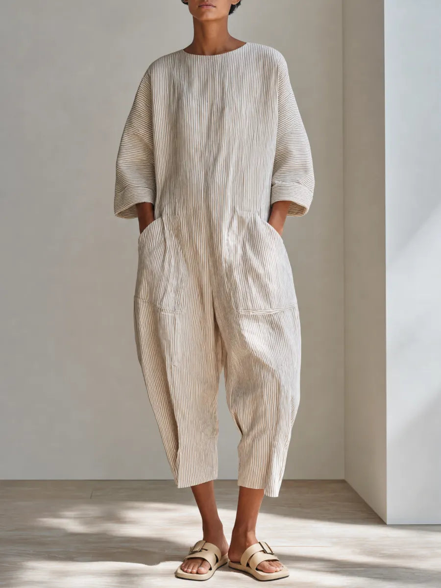 Women's Minimalist Beige Cotton Linen Blend Pinstripe Round Neck Dropped Shoulder Oversized Cropped Jumpsuit MDZ0753G0ZSQ