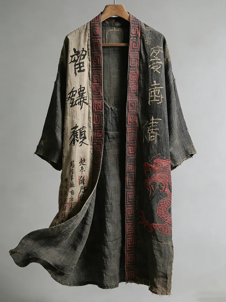 Men's Japanese Dragon Pattern Calligraphy And Painting Art Linen Long Kimono