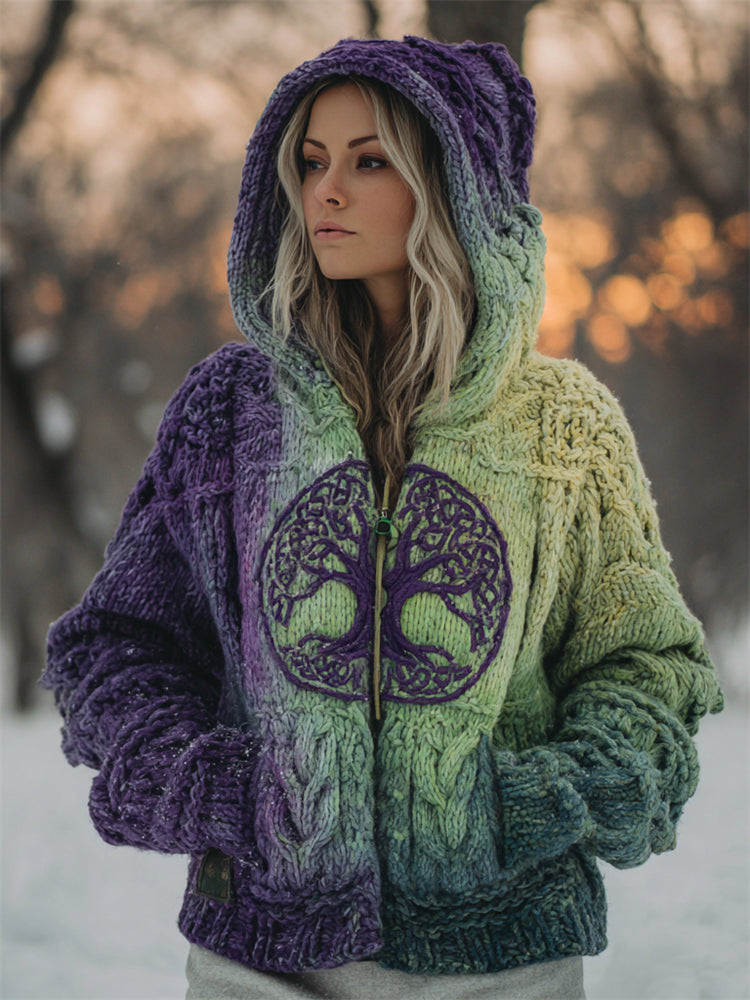 Tree Of Life Celtic Contrast Gradient Hooded Chunky Cardigan