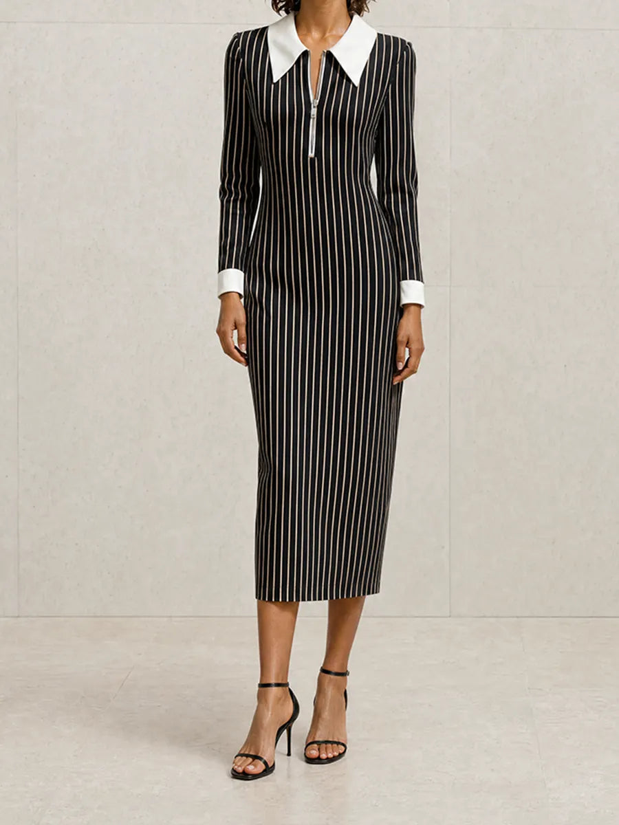 Women's Elegant Modern Black Pinstripe White-Collar Zip Long-Sleeve Fitted Midi Dress MDZ1593G3CMX
