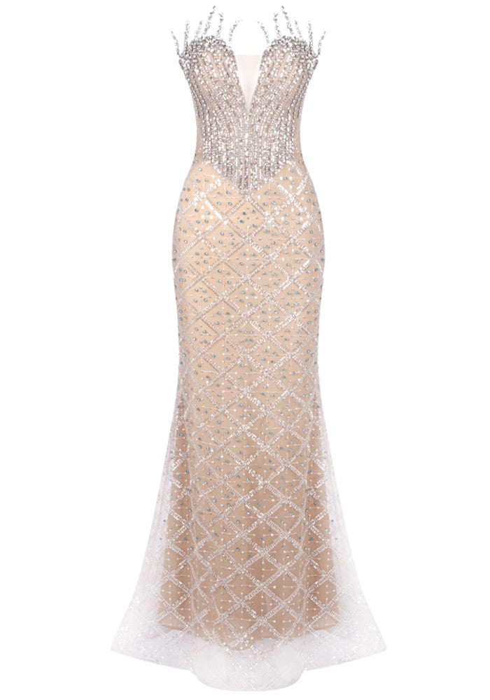 Strapless Crystal Sequin Bustier Maxi Dress Nude