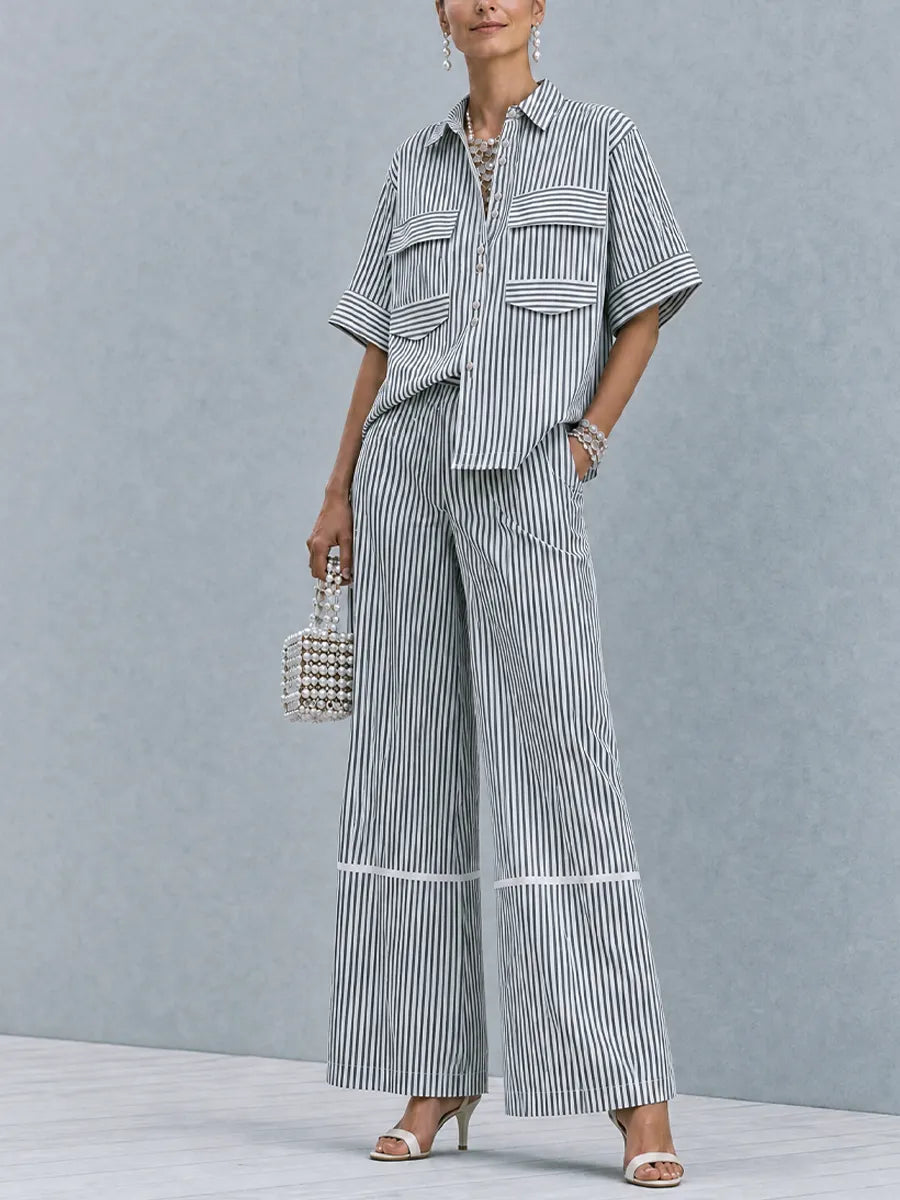 Women's Commuter Casual Black And White Vertical Stripe Cotton Blend Lapel Patch Pocket Wide Leg Trousers Two Piece Set MDZ0902G5GMJ
