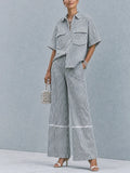 Women's Commuter Casual Black And White Vertical Stripe Cotton Blend Lapel Patch Pocket Wide Leg Trousers Two Piece Set MDZ0902G5GMJ