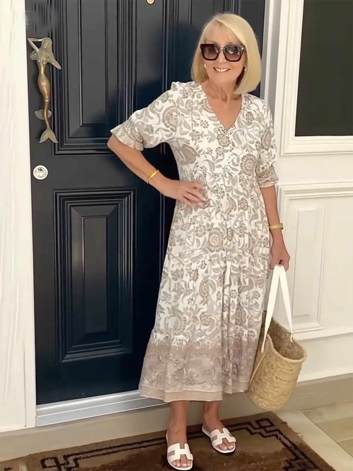 Boho Deep V Half Sleeve Dress Loose Floral Skirt Vacation Dress