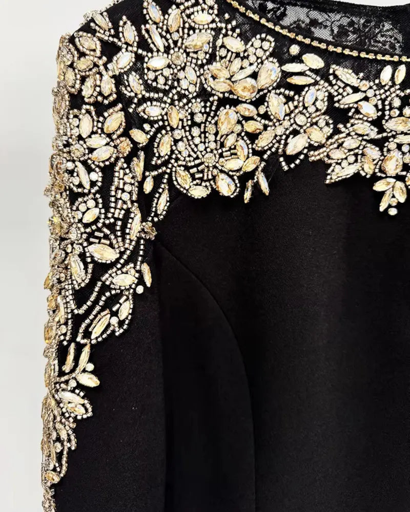 Long Sleeve Crystal Shoulder Midi Dress Black