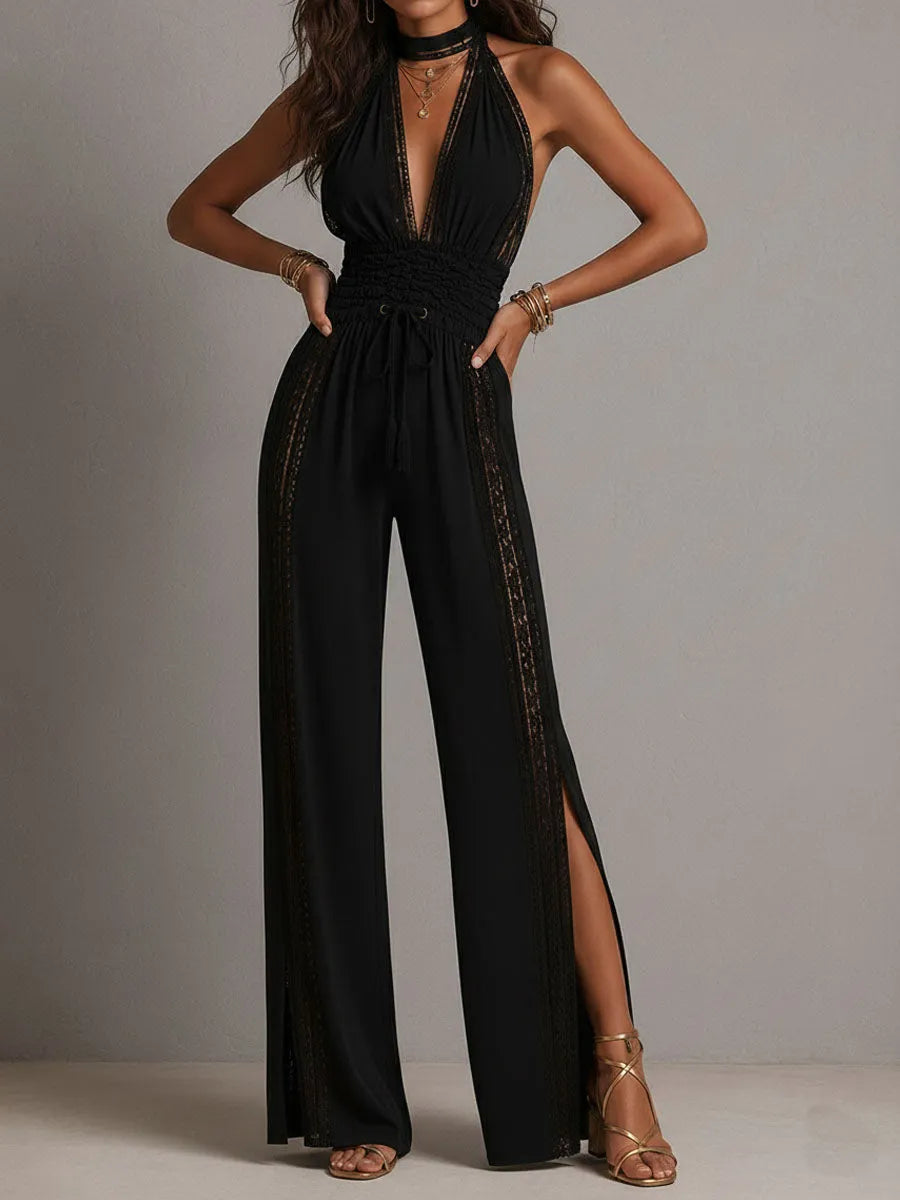 Boho Black Halter Deep V Smocked Waist Lace Wide-Leg One-Piece Jumpsuit