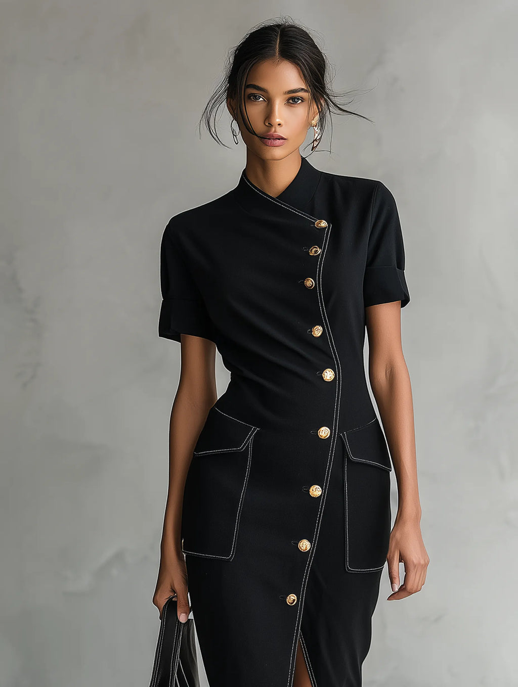 Women's Minimalist Asymmetric Single-Breasted Short-Sleeve Midi Dress MDZ0886G0WY