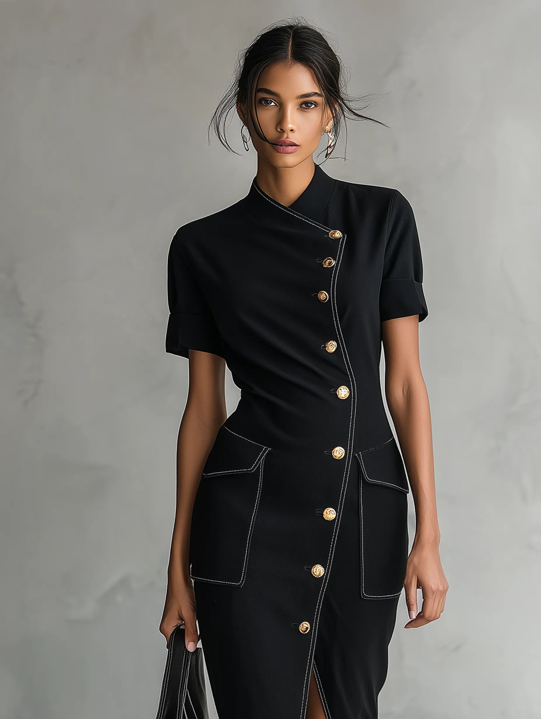 Women's Minimalist Asymmetric Single-Breasted Short-Sleeve Midi Dress MDZ0886G0WY