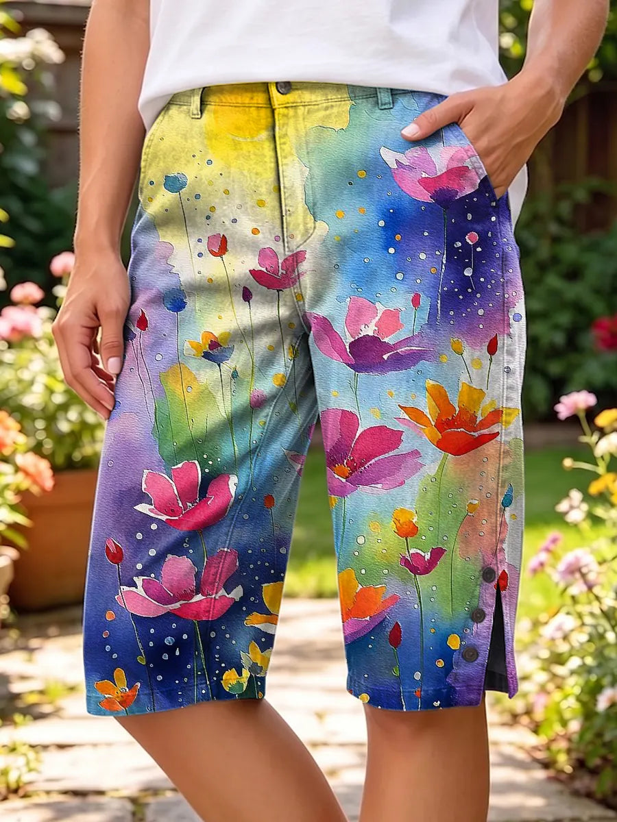 Ethnicity Colorful Watercolor Flowers Women's Art Print Casual Cotton Denim Pants