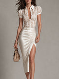 Elegant Lace-Trimmed Shirt-Collar Midi Dress With High Slit