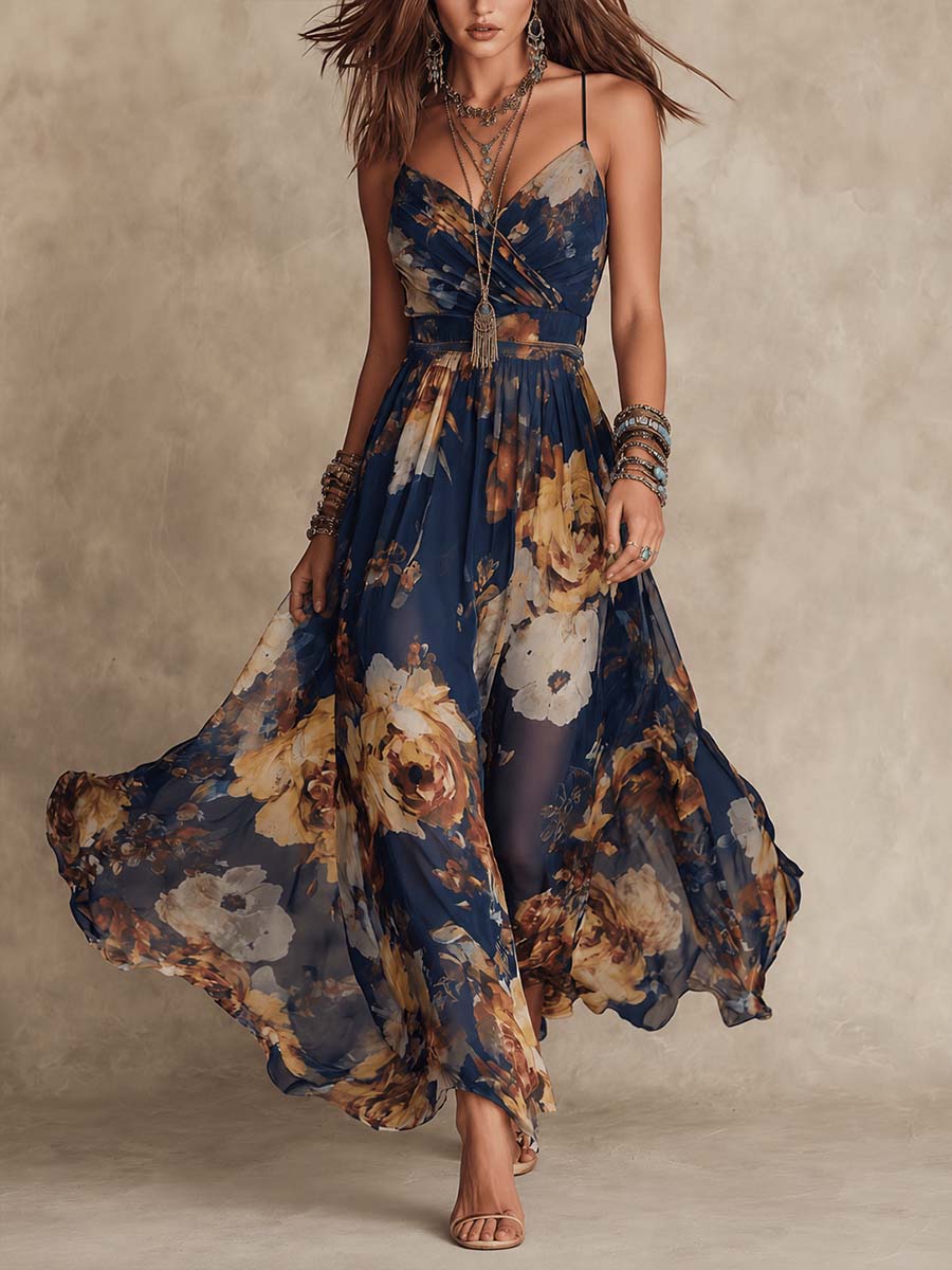Retro Fine-Strap Chiffon Midi Dress With Oil-Painting Style Floral Print