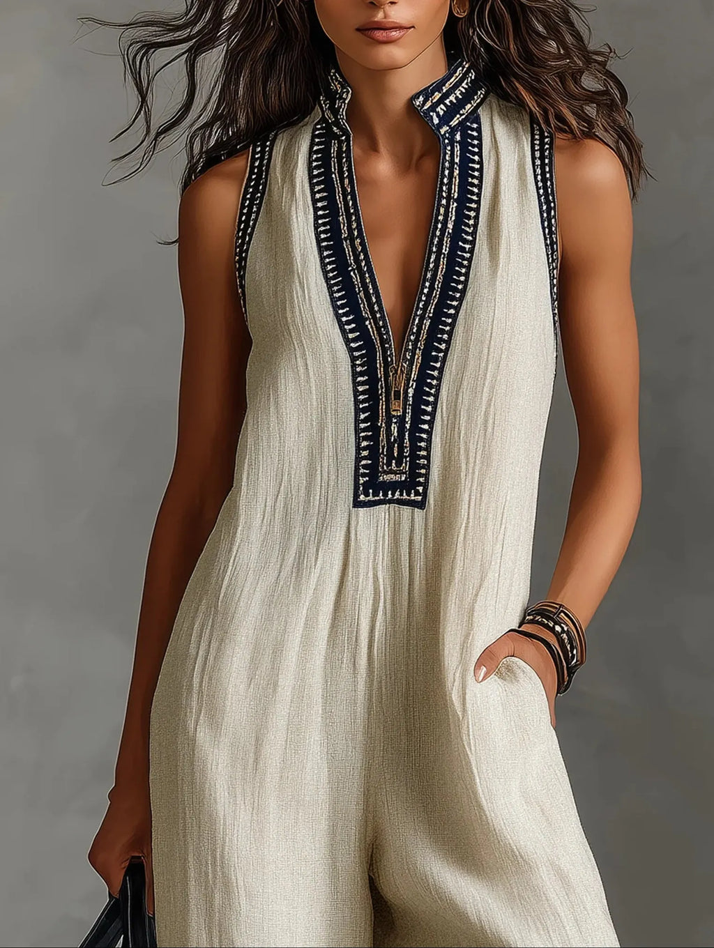 Minimalist stand-up collar zipper sleeveless jumpsuit
