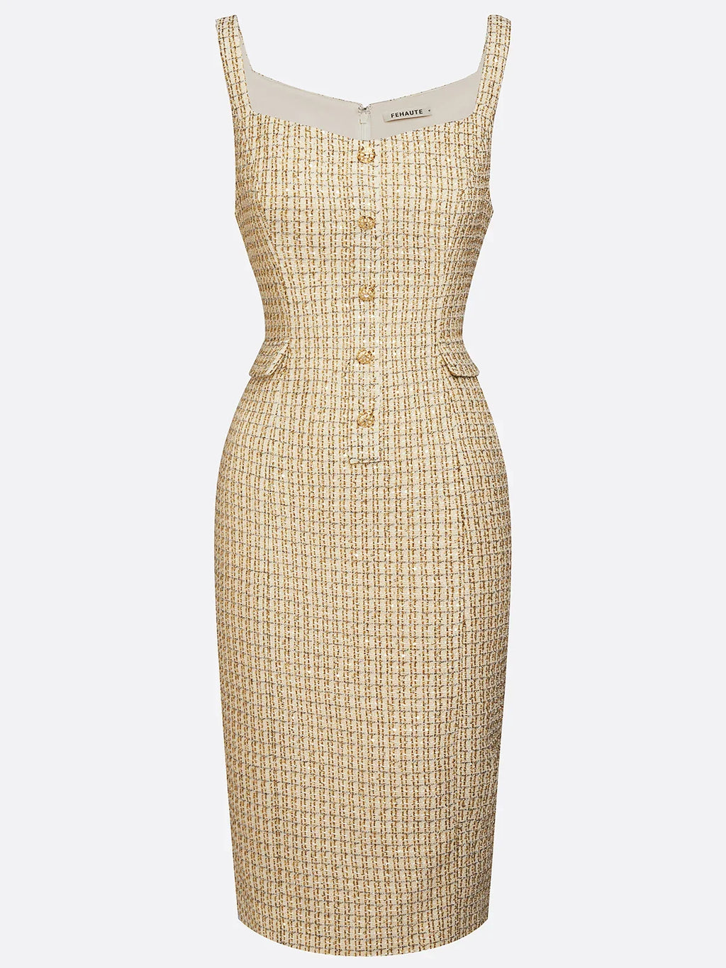 Golden Buckle Pocket Stitching Tweed Spaghetti Sleeveless Sheath Midi Dress
