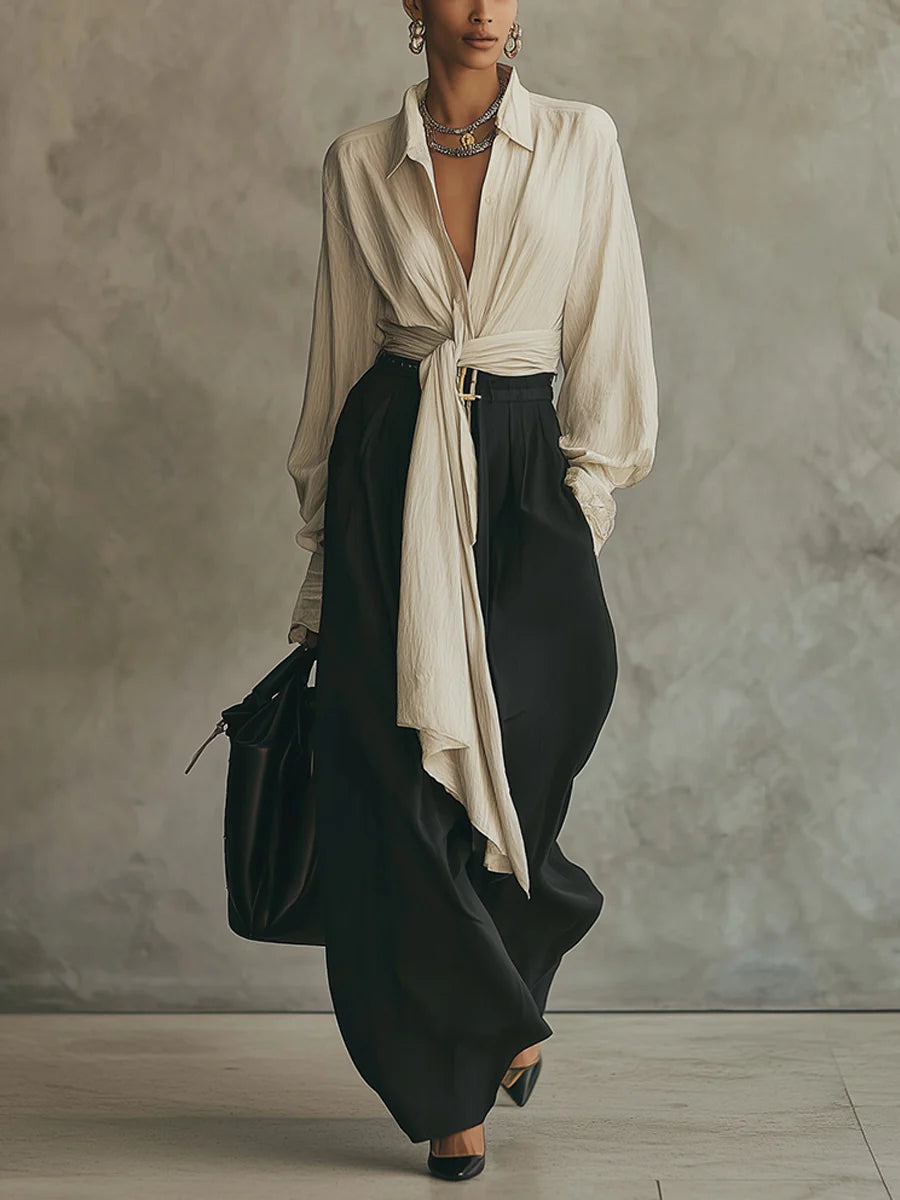 Beige lace-up shirt and black trousers set