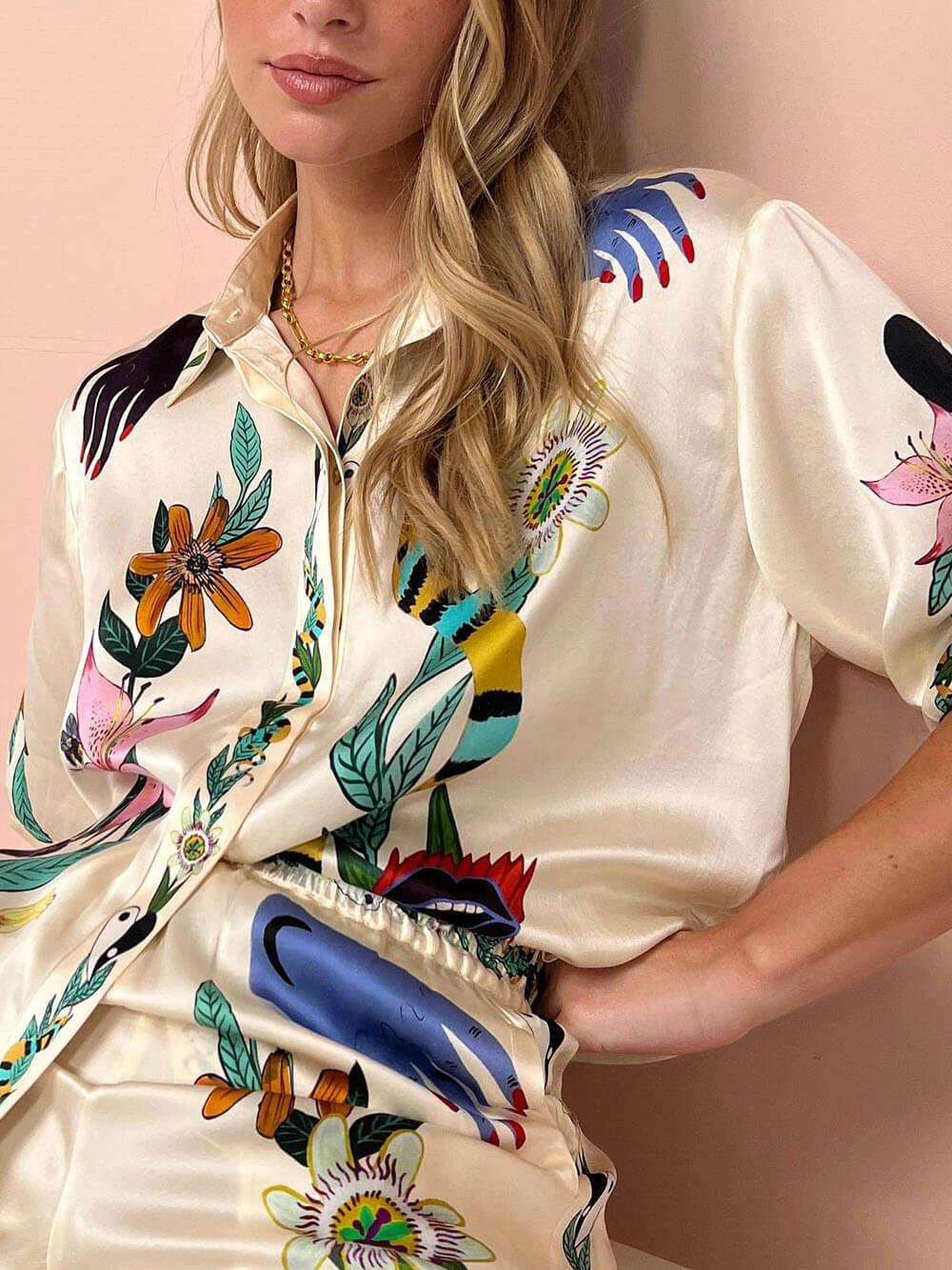 Satin unique print shirt & trousers set