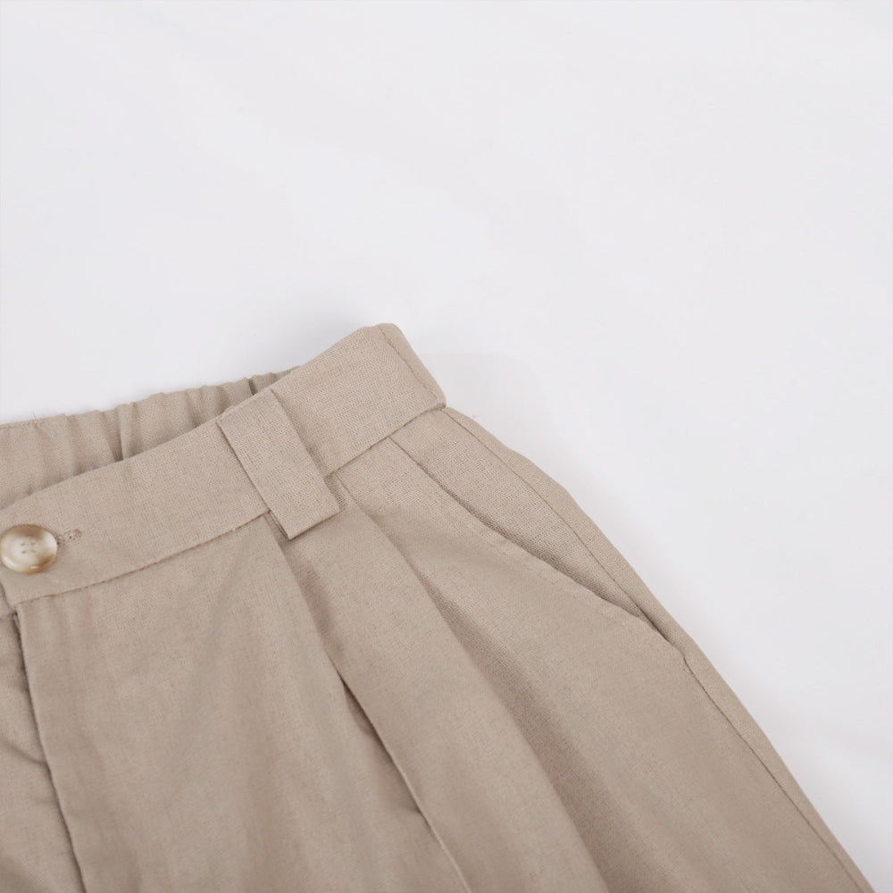 Classic V-neck Pleated Cotton and Linen Wide-leg Pants Suit