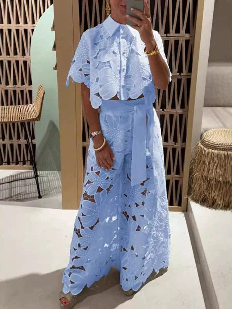 Exquisite floral embroidery sexy hollow suit