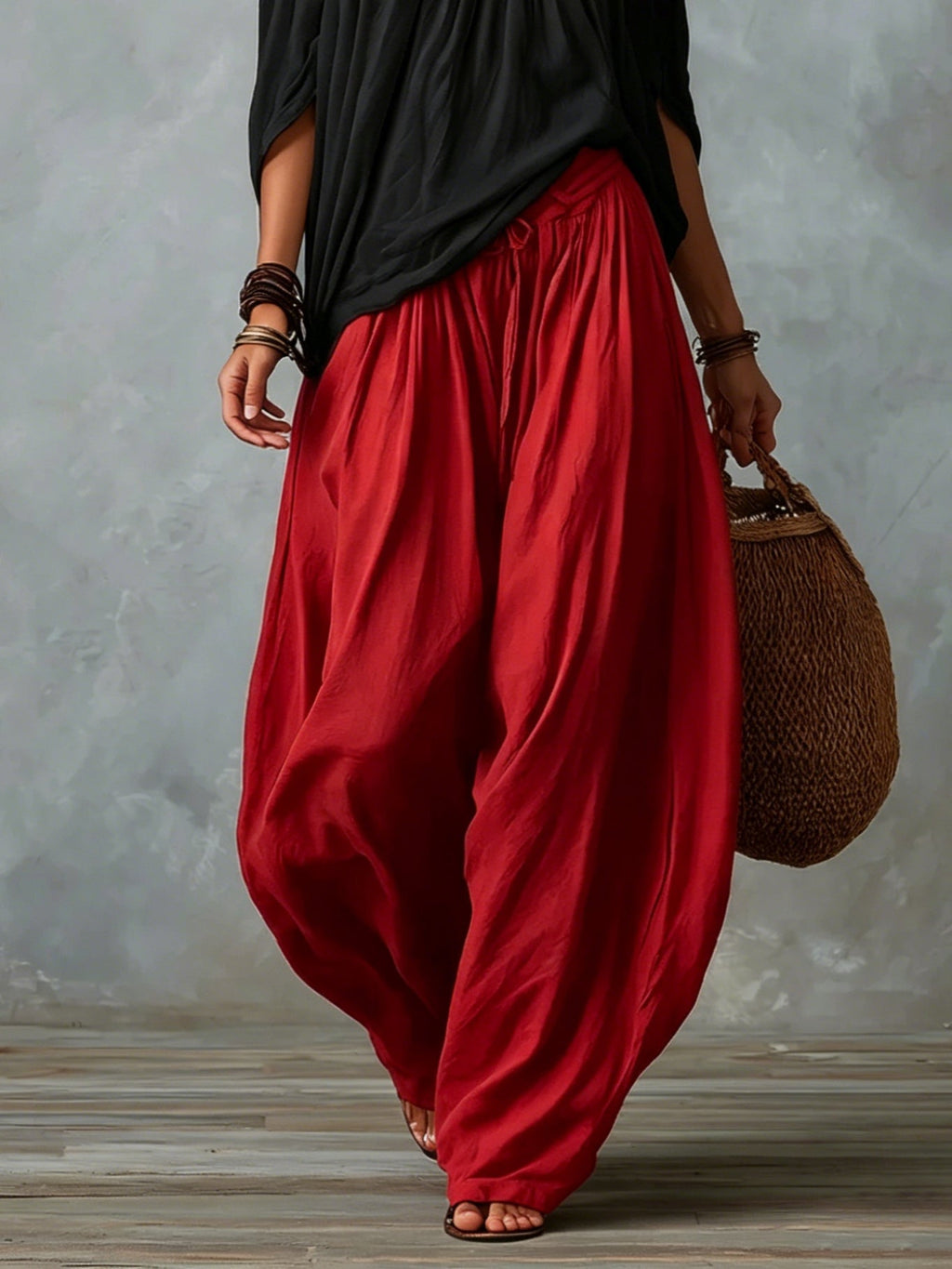 Black Off-shoulder Top And Red Loose-fitting Lantern Pants Suit