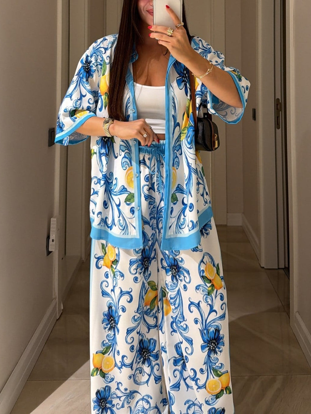 White And Blue Lemon Floral Print Shirt And Wide-leg Pants Suit