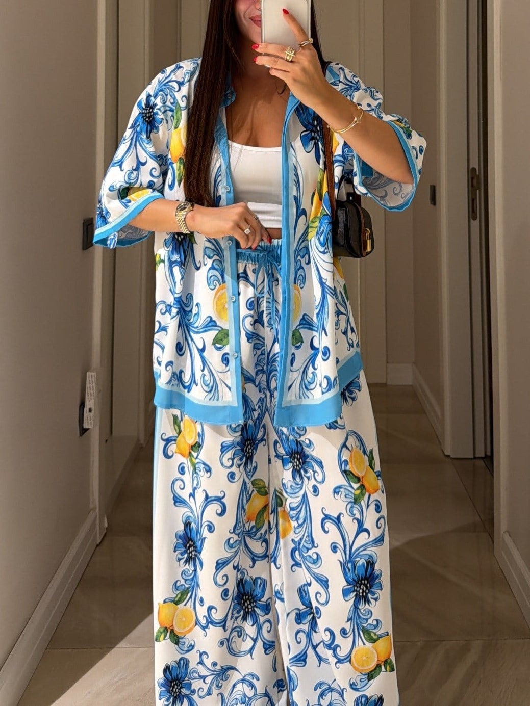 White And Blue Lemon Floral Print Shirt And Wide-leg Pants Suit
