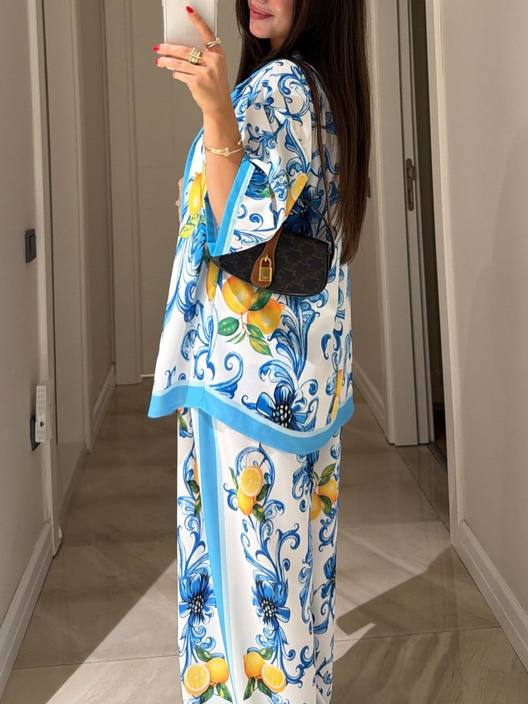 White And Blue Lemon Floral Print Shirt And Wide-leg Pants Suit