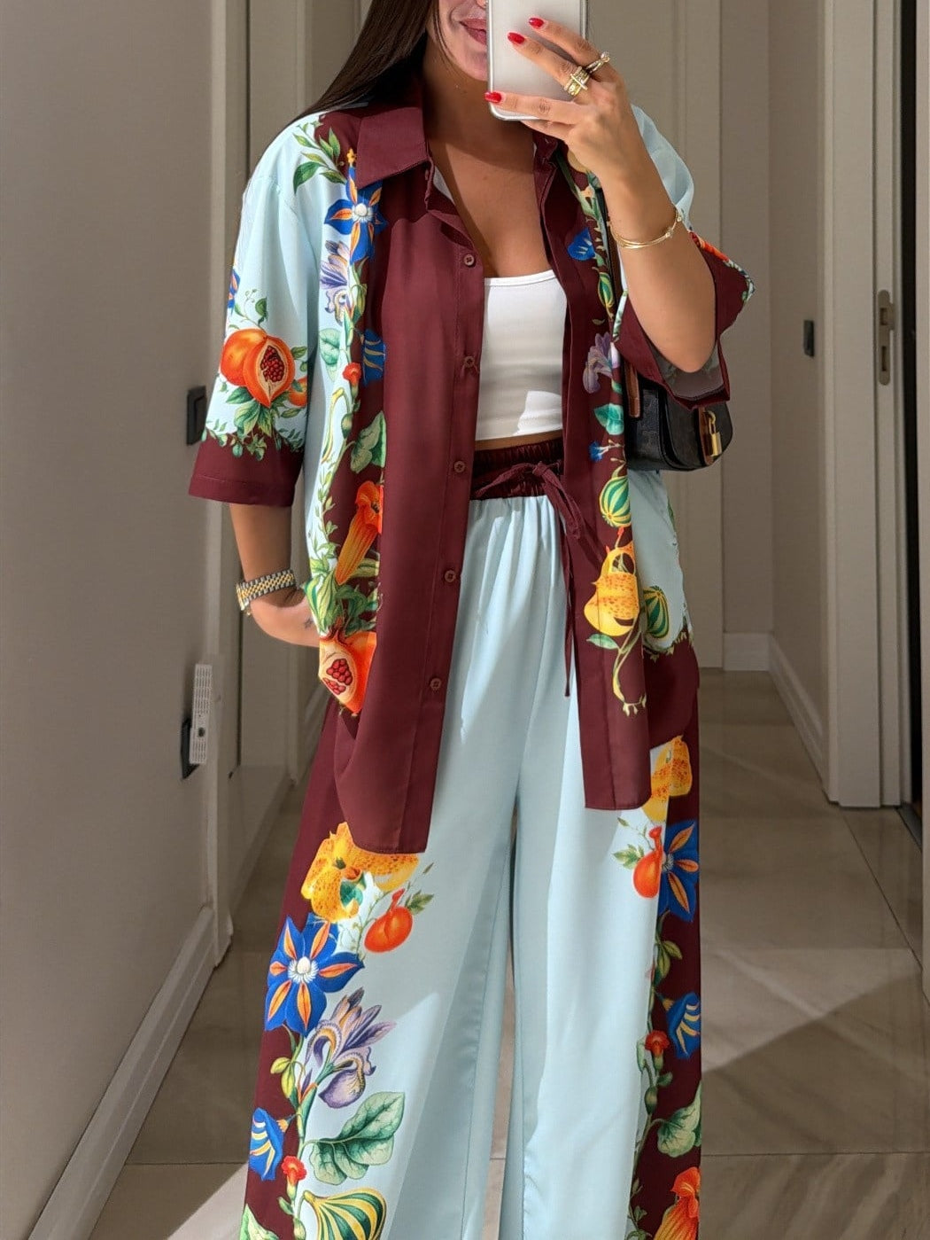 Brown And Blue Color-blocked Floral Print Shirt And Wide-leg Pants Suit