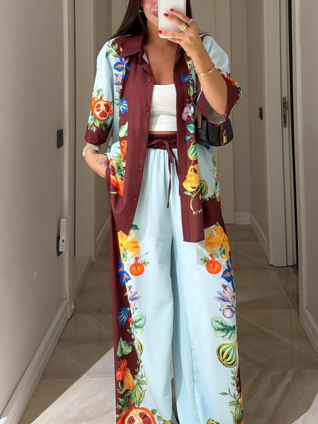 Brown And Blue Color-blocked Floral Print Shirt And Wide-leg Pants Suit