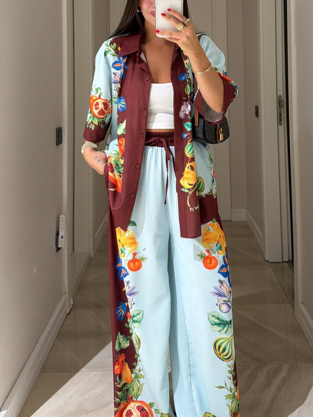 Brown And Blue Color-blocked Floral Print Shirt And Wide-leg Pants Suit