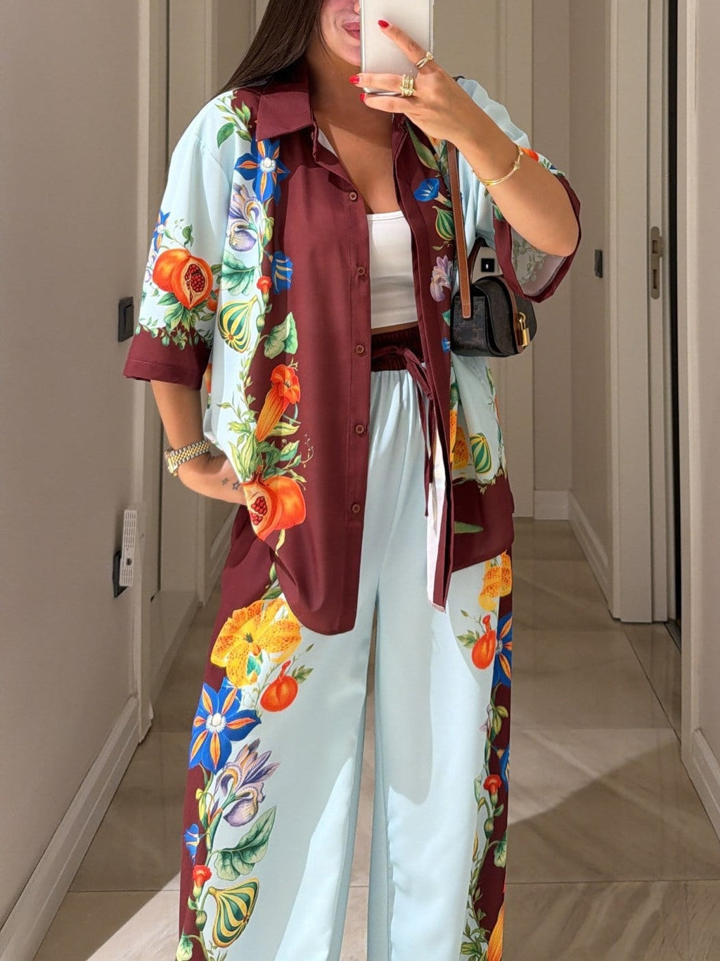 Brown And Blue Color-blocked Floral Print Shirt And Wide-leg Pants Suit