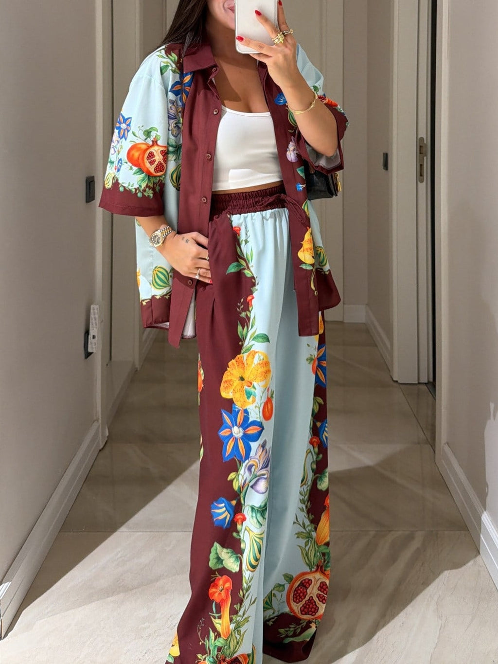 Brown And Blue Color-blocked Floral Print Shirt And Wide-leg Pants Suit