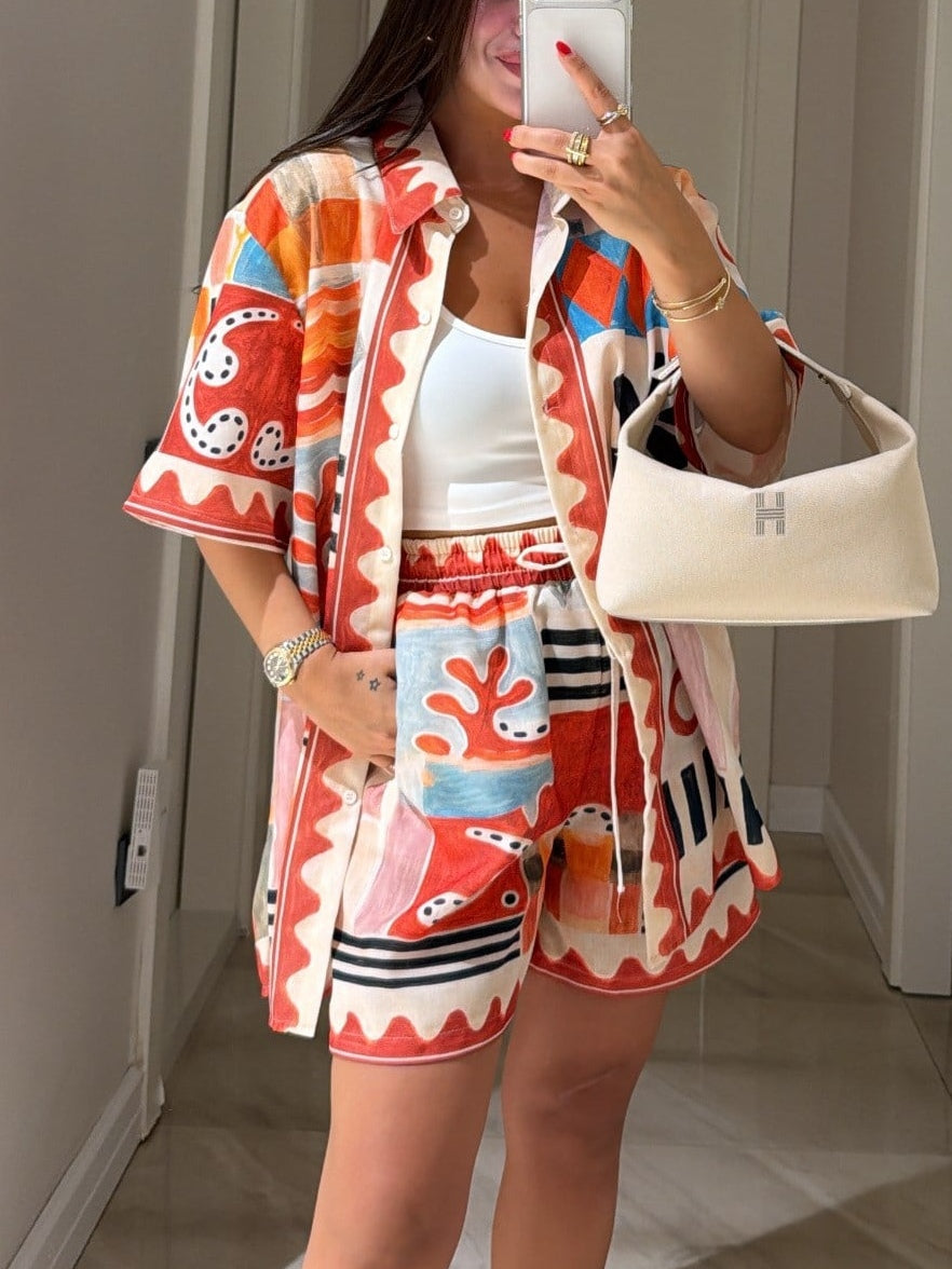 Orange Abstract Geometric Print Short-sleeved Shirt And Shorts Set