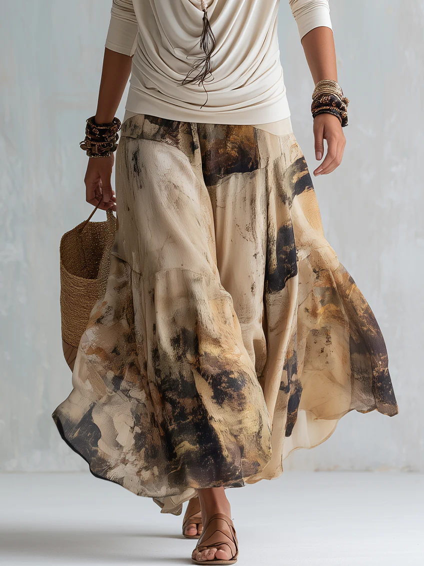 Off-white Draped Neckline Top And Khaki Printed Chiffon Skirt Set