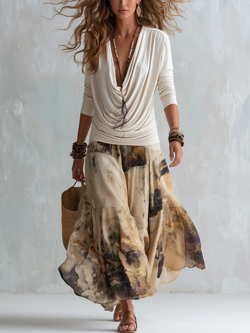Off-white Draped Neckline Top And Khaki Printed Chiffon Skirt Set