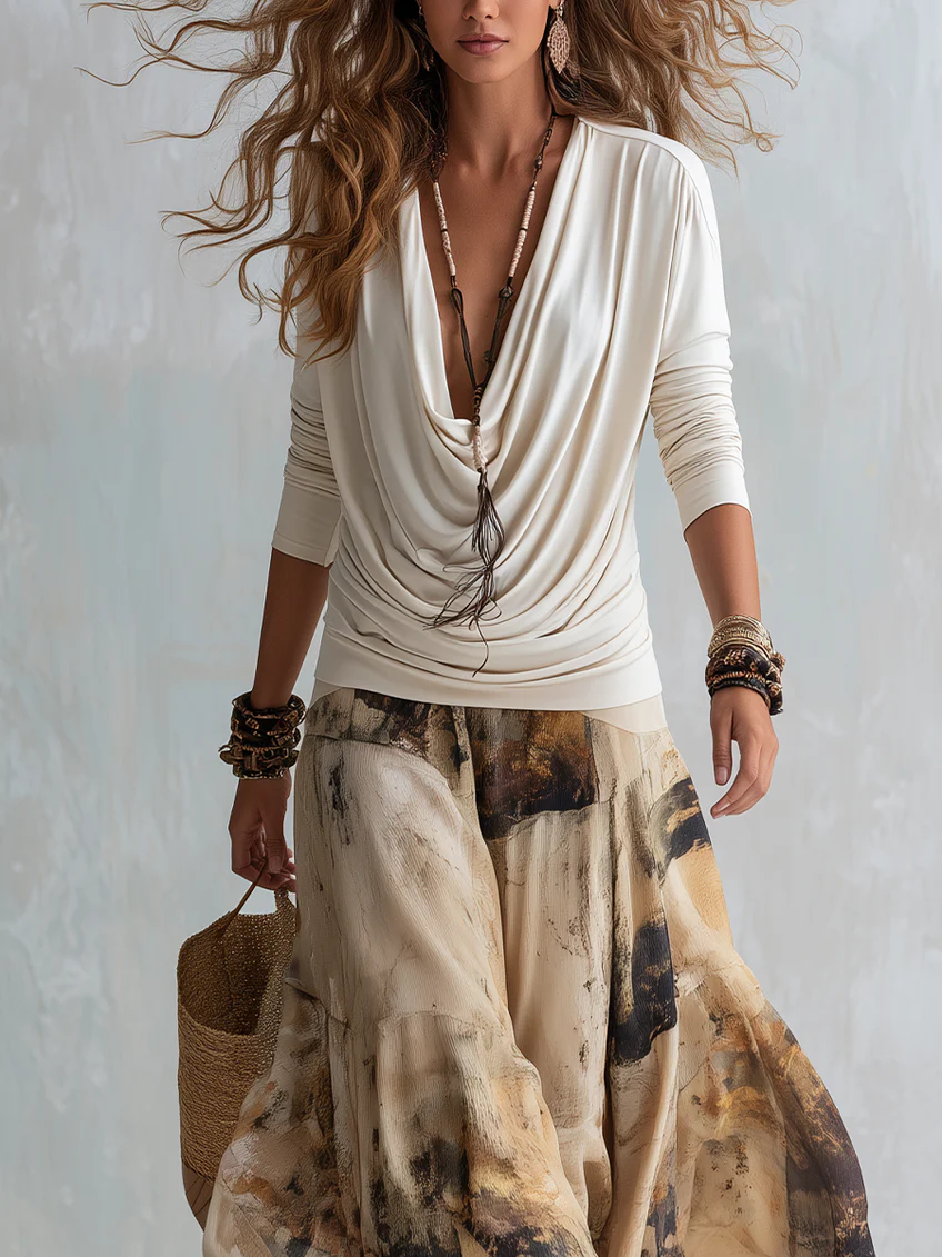 Off-white Draped Neckline Top And Khaki Printed Chiffon Skirt Set