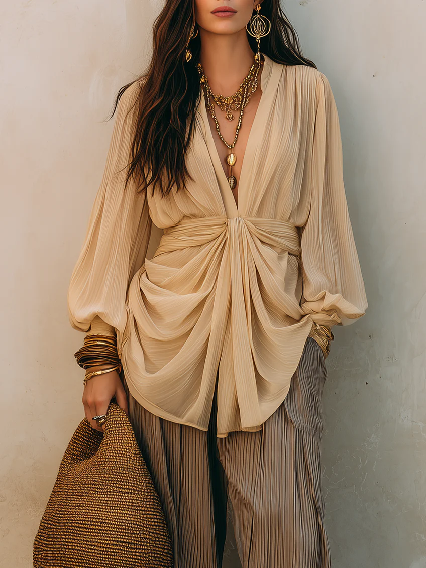 Beige V-neck knotted Top And Brown Pleated Wide-leg Pants Two-piece Set