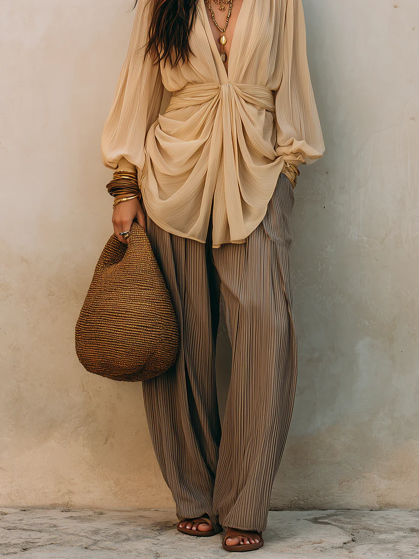 Beige V-neck knotted Top And Brown Pleated Wide-leg Pants Two-piece Set