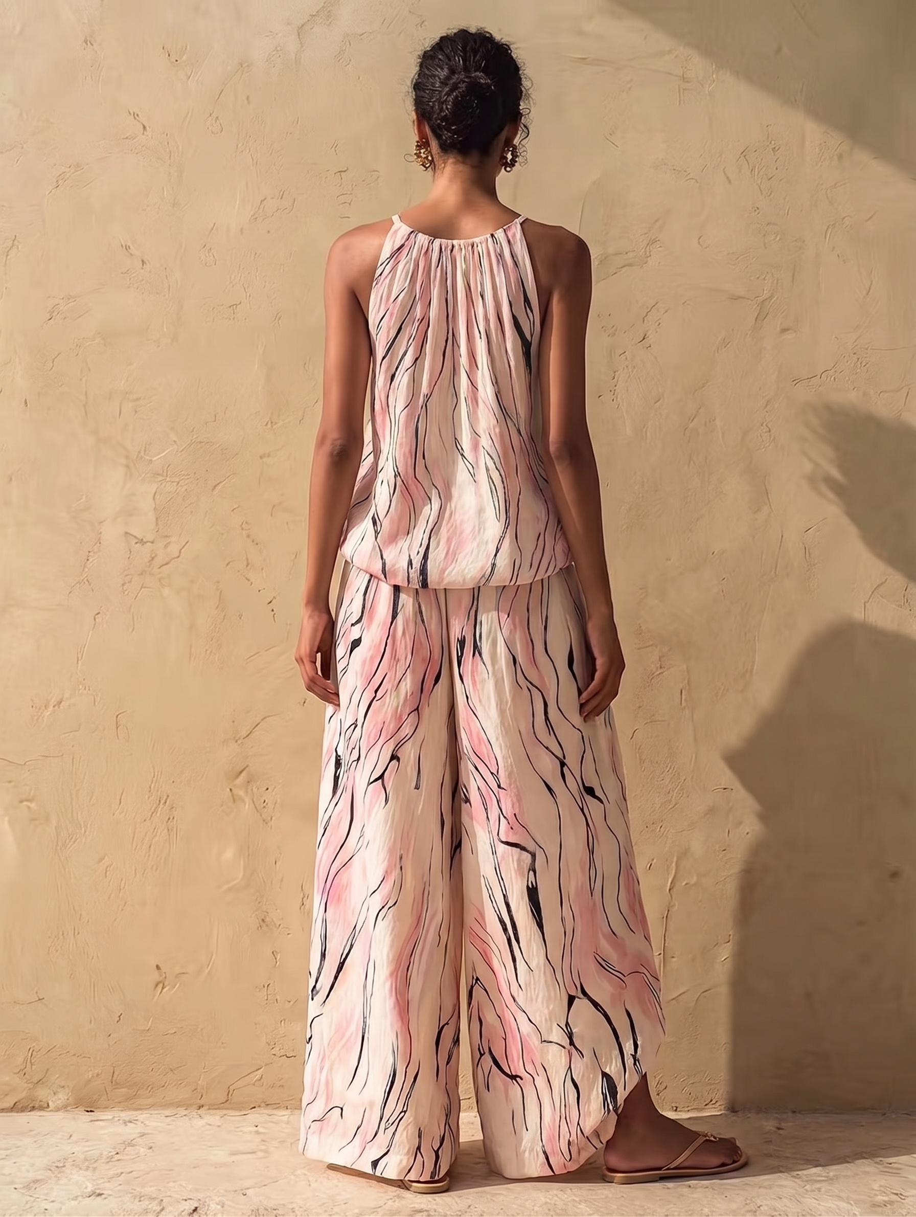 Pink White Gradient Striped Print Camisole And Wide-leg Pants Set