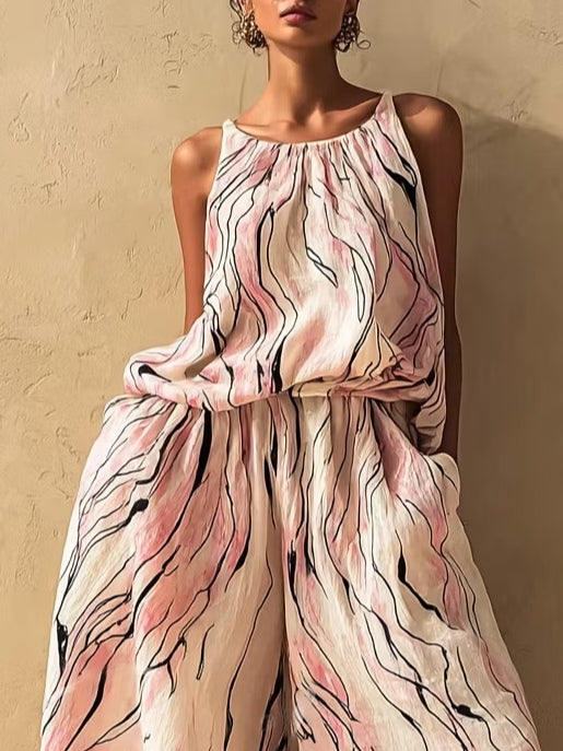 Pink White Gradient Striped Print Camisole And Wide-leg Pants Set