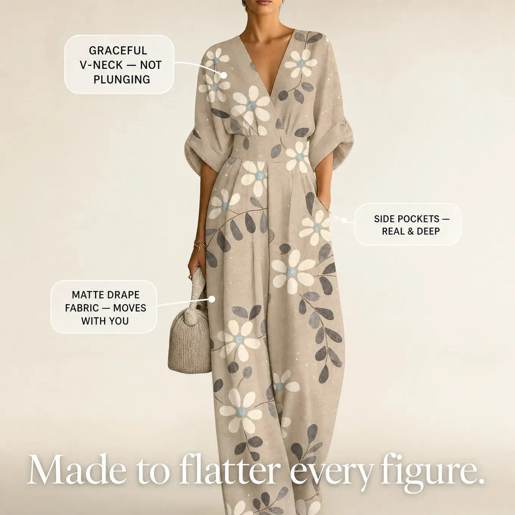 Solene – Printed V-Neck Wide-Leg Jumpsuit with Cinched Waist and Pockets