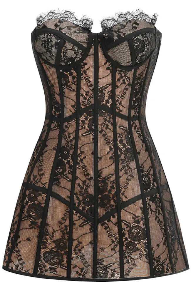 Strapless Lace Bustier A Line Dress Black