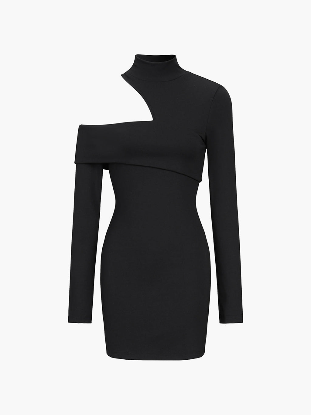 Mockneck Oblique Cutout Rib Long Sleeve Short Dress