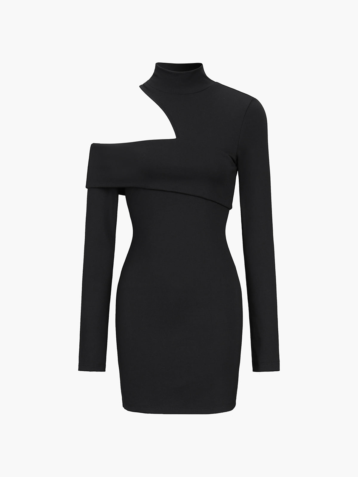 Mockneck Oblique Cutout Rib Long Sleeve Short Dress