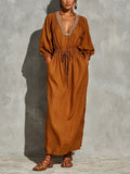 Women’s Rust Linen Blend White Contrast Embroidery V Neck Bubble Cuff Sleeve Drawstring Waist Midi Maxi Dress With Side Pockets MDZ0609G1YZJ