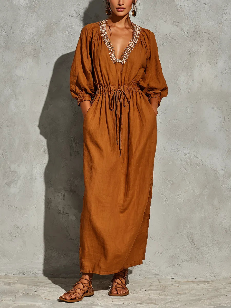 Women’s Rust Linen Blend White Contrast Embroidery V Neck Bubble Cuff Sleeve Drawstring Waist Midi Maxi Dress With Side Pockets MDZ0609G1YZJ