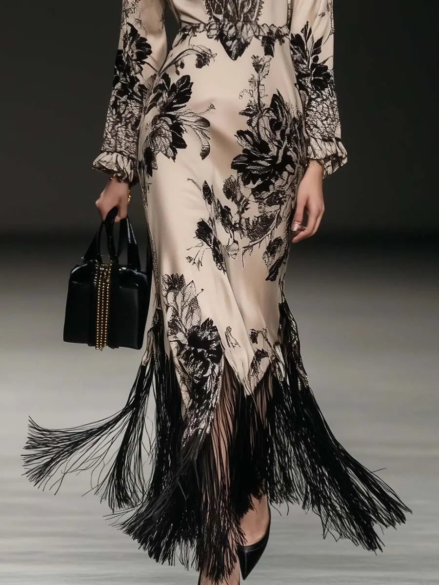 Elegant Bohemian Style V-neck Tassel Floral Print Beige Satin Maxi Dress