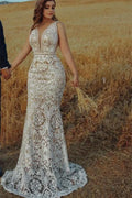 Daisda Empire V Neck Lace Wedding Dress Mermaid With Beadings