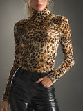 Daily Brown Leopard High Collar Long Sleeve Vintage Blouses