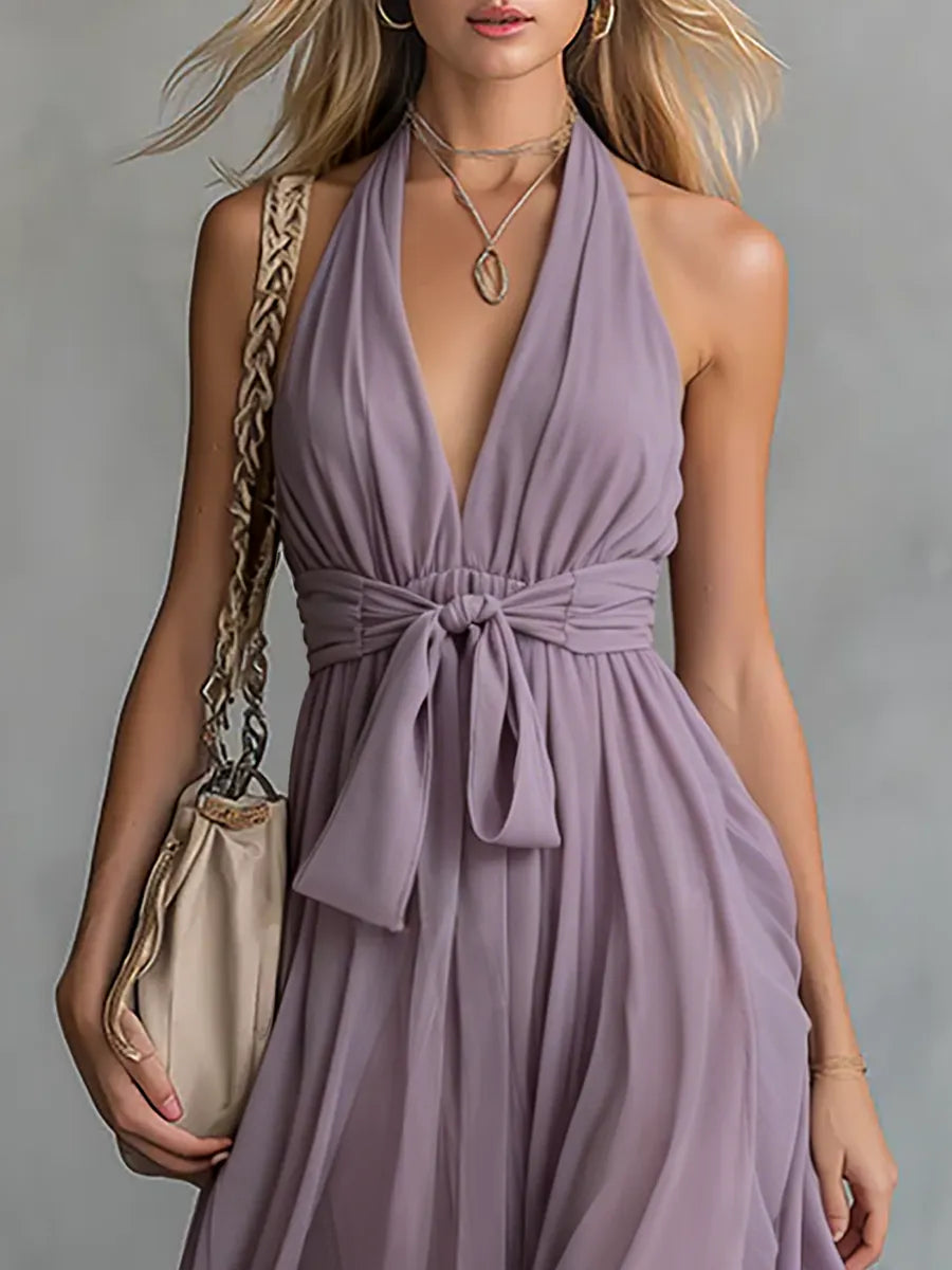 Elegant And Stylish Halter Neck V-neck Sleeveless Chiffon Maxi Dress