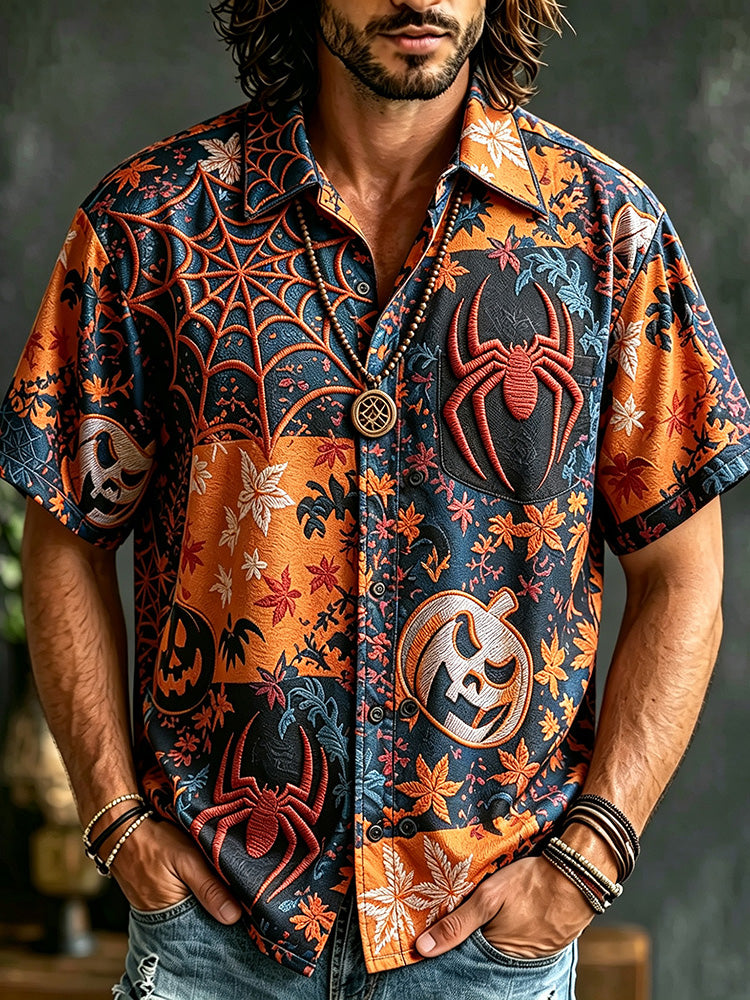 Vintage Pumpkin Spider Embroidery Maple Leaf Gothic Spider Web Camp Collar Blouse