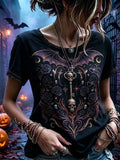 Women's Gothic Bat Wing, Rose & Skull Graphic Short Sleeve T-shirt